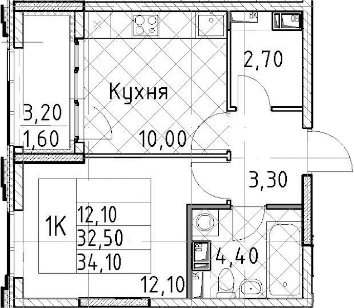 1-комнатная квартира 34.1 м², 13/13 эт., ЖК «Тайм Сквер»